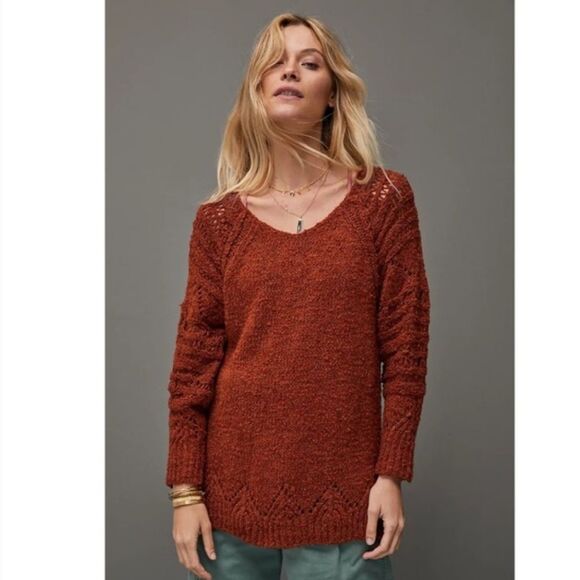 Anthropologie Pilcro Luna Pointelle Knit Tunic Sweater XS Cedar Orange Oversized - Picture 1 of 10
